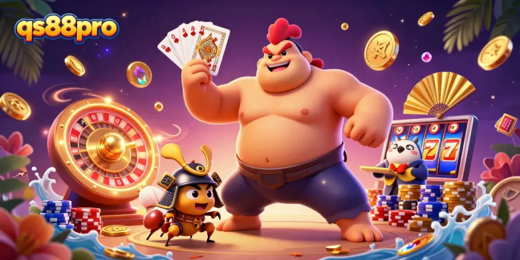 Experience excitement at qs88pro with a dynamic illustration of a powerful sumo wrestler and vibrant casino elements.