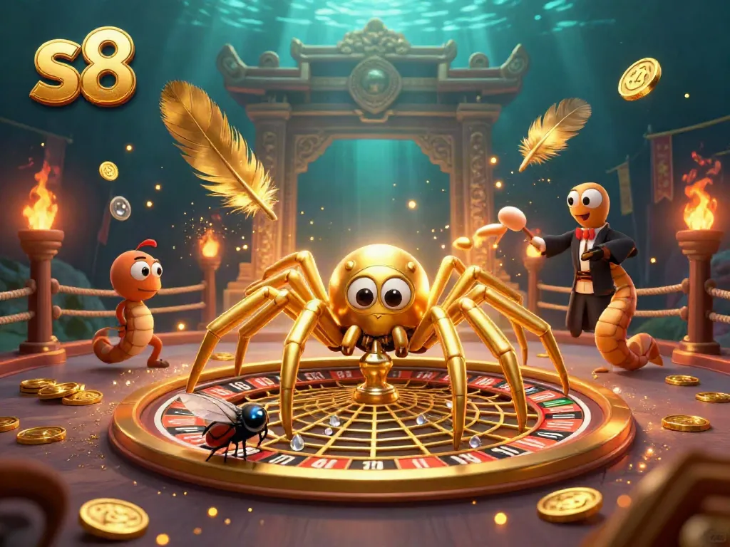 Engage with the thrilling world of s8 as a fly nervously places bets near a roulette wheel spun by a golden spider.