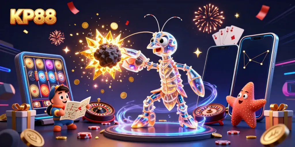 Engage in thrilling slots and gaming action with KP88's vibrant casino scene filled with animated characters and dynamic visuals.