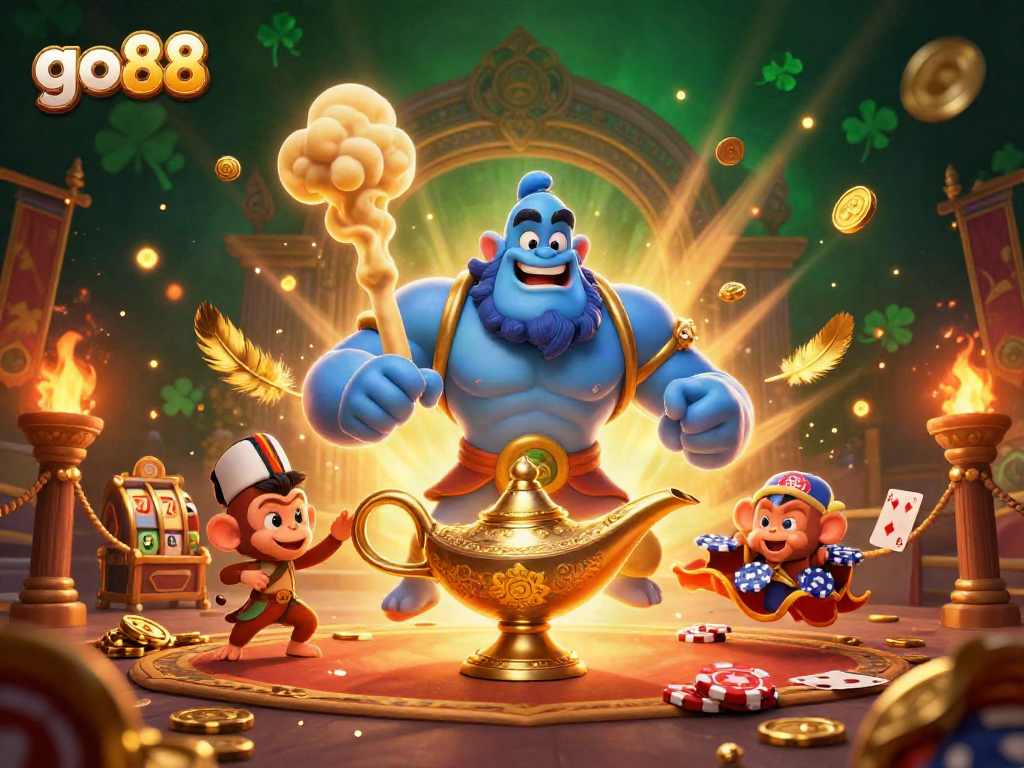 Engage with the vibrant go88 casino scene featuring a genie, monkey, and flying poker chips.