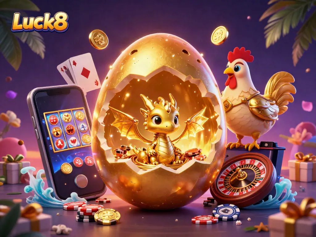 Experience the thrilling world of Luck8 with vibrant golden characters emerging from poker chips.
