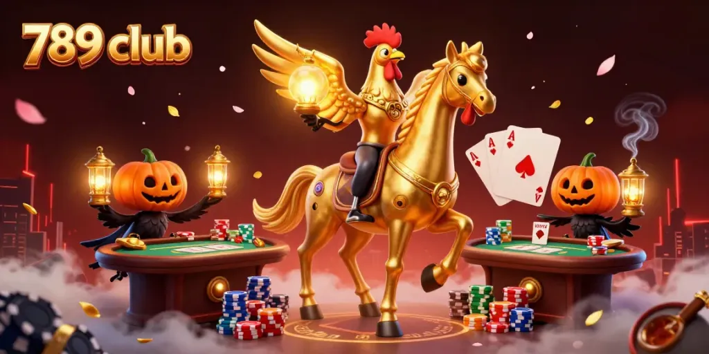 Experience the thrill of 789 club gaming with a golden rooster and casino elements in vibrant 3D detail.