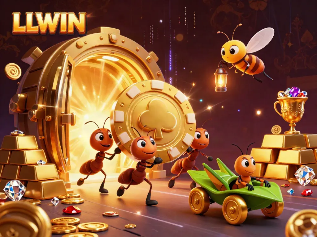 LLWIN heist scene with animated ants, golden poker chip, and casino treasures in vibrant detail.