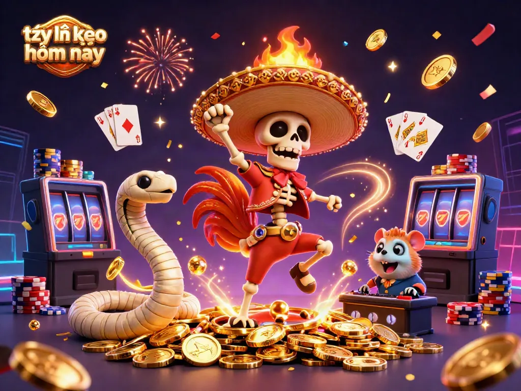 Engaging scene of vibrant victory dance with tỷ lệ kèo hôm nay branding featuring animated characters with dynamic casino elements.
