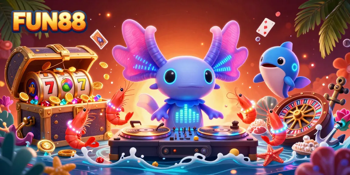 Join the FUN88 gaming adventure with a vibrant casino scene featuring neon characters and dynamic elements.