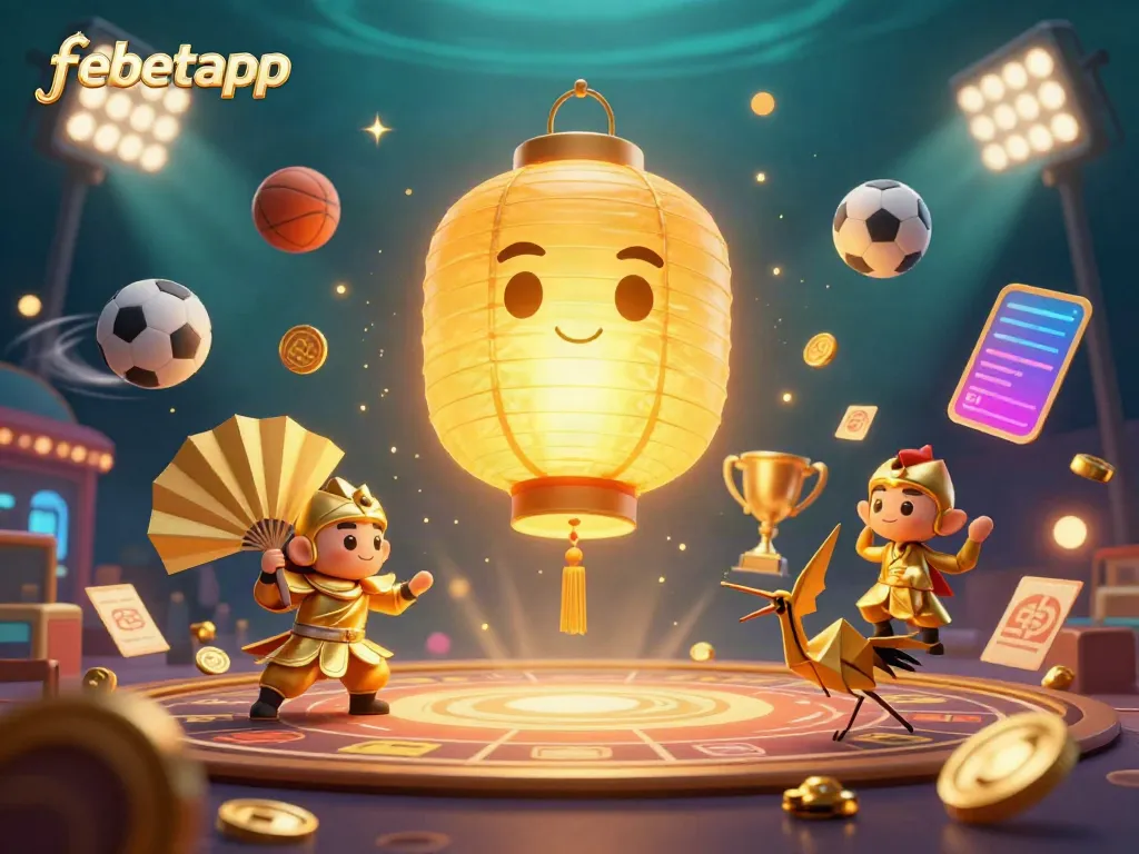 Experience exciting gaming with febetapp as golden lanterns and playful spirits animate a vibrant casino.
