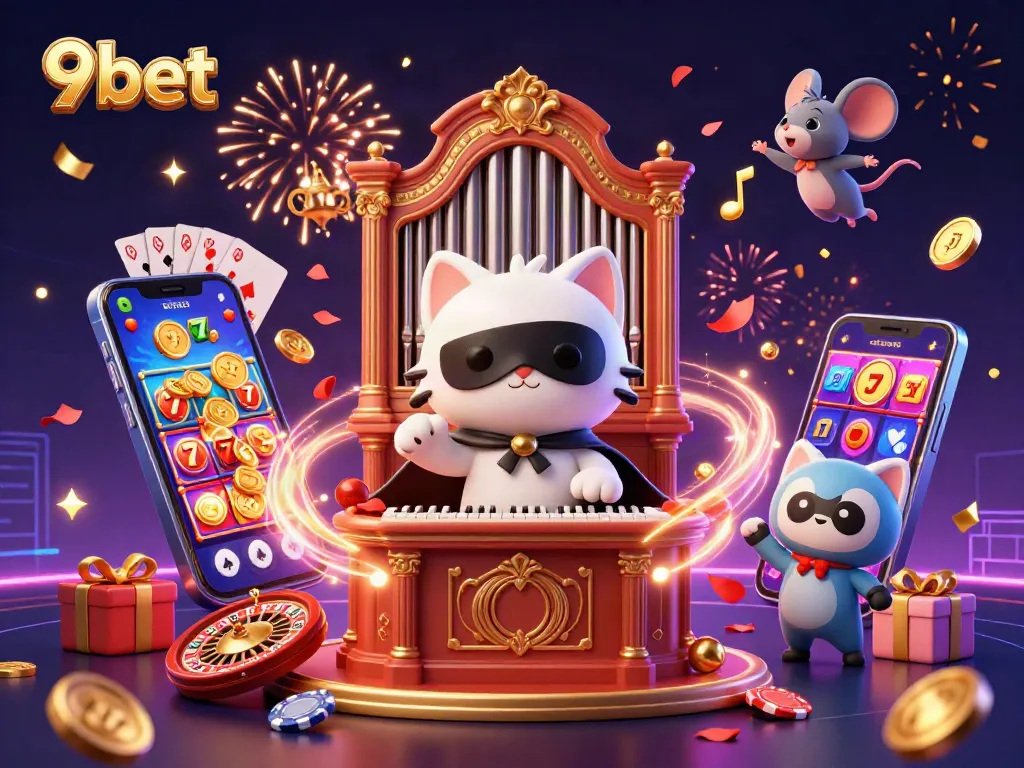 Experience the excitement of 9bet through a vibrant casino scene featuring whimsical characters and dynamic gaming elements.