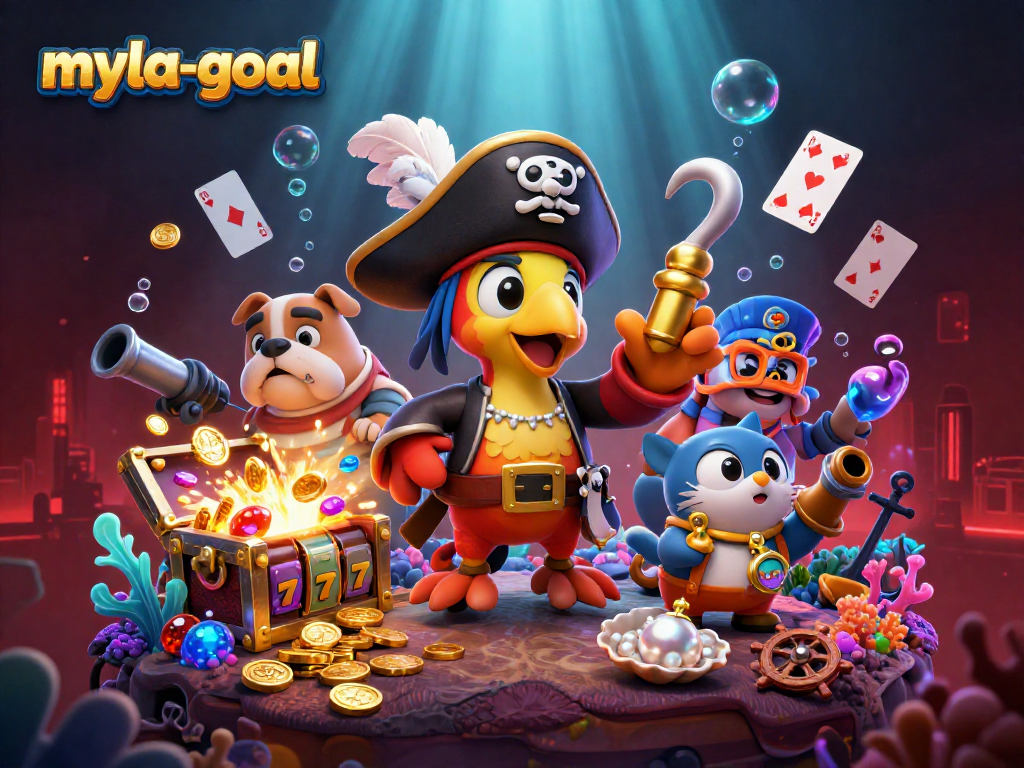 Engage in thrilling gameplay at myla-goal with a vibrant casino scene packed with colorful treasures and dynamic characters.