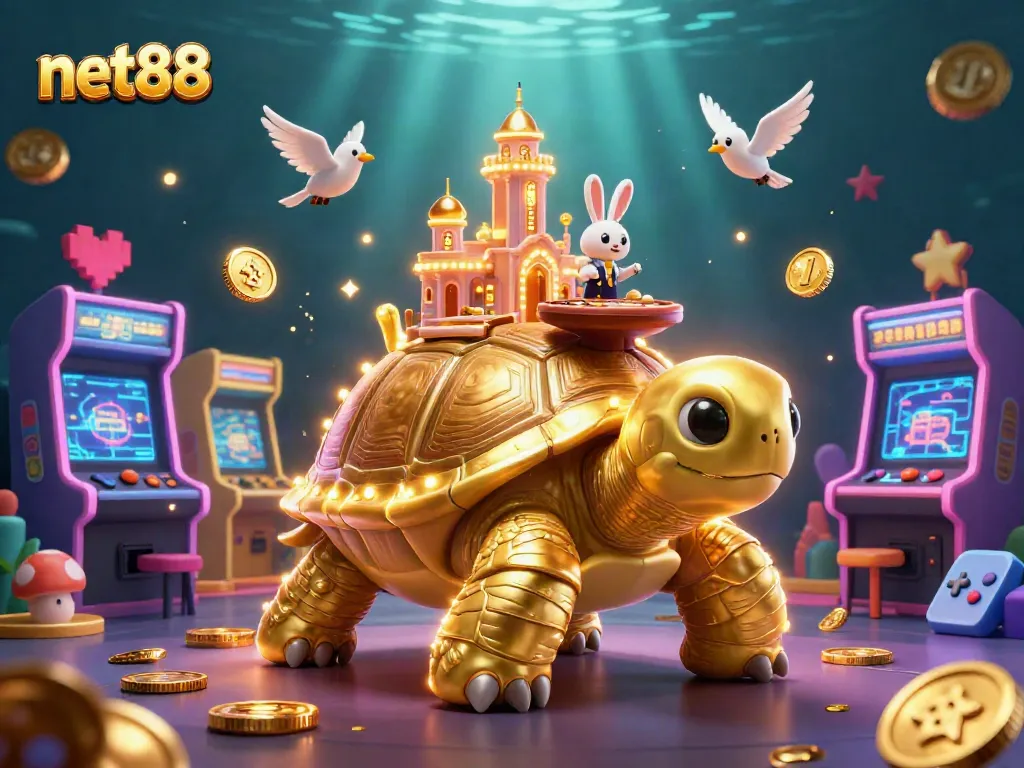 Experience thrilling gameplay with net88's captivating casino-themed 3D illustration featuring a golden tortoise and a rabbit dealer.