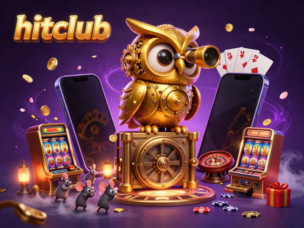 Experience hitclub with a golden owl overseeing dynamic casino action amidst colorful slot games and playful elements.