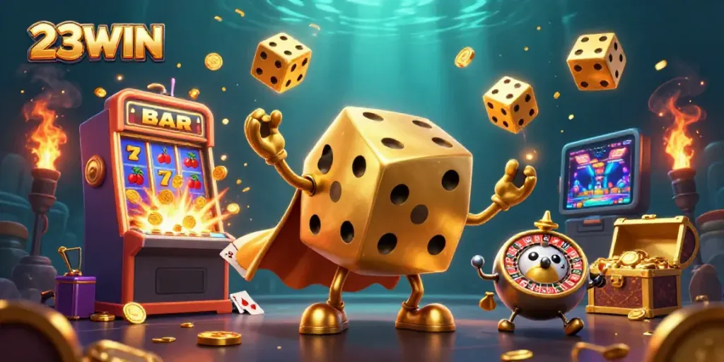 Exciting 23WIN casino scene with golden dice golem and jackpot explosion, showcasing vibrant gaming elements.