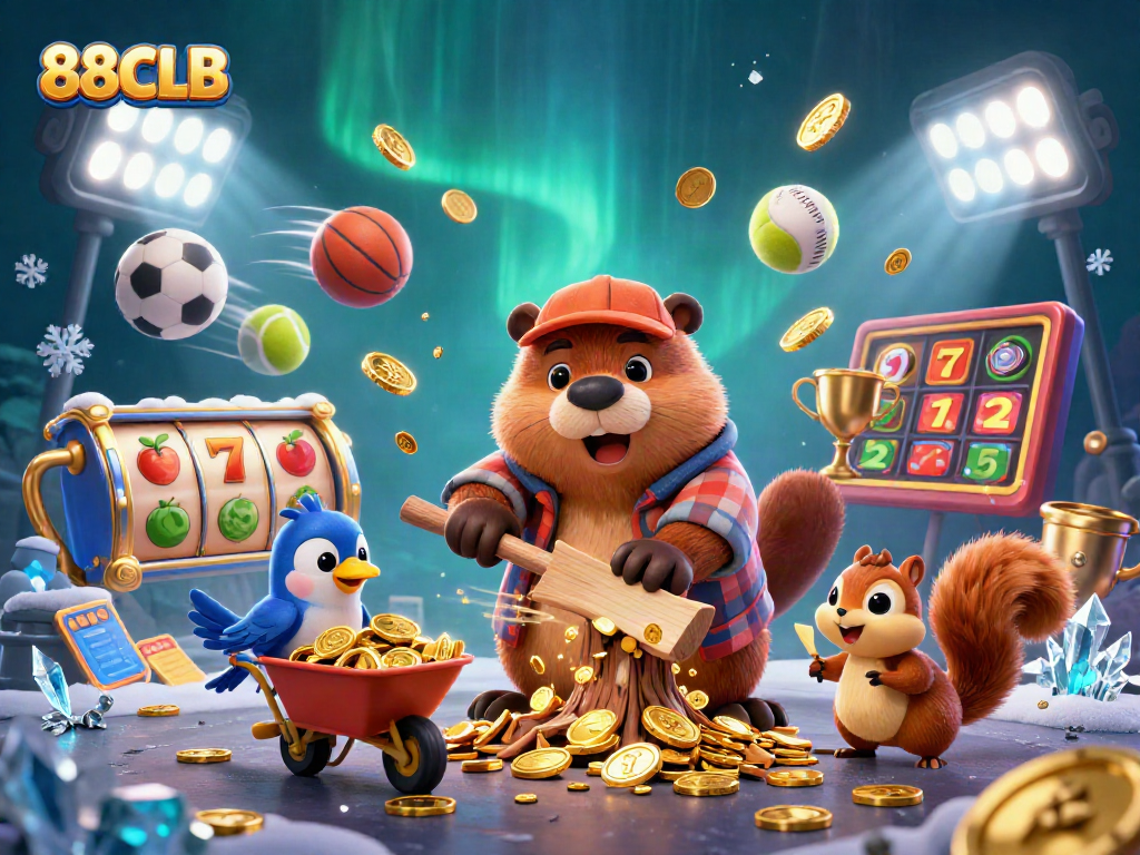 Engage in thrilling gameplay with 88CLB's vibrant jackpot scene featuring a beaver, bird, and squirrel.