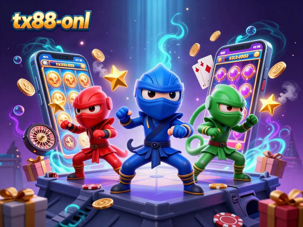 Watch the tx88-onl chameleon ninjas showcasing their skills amid casino-themed elements.