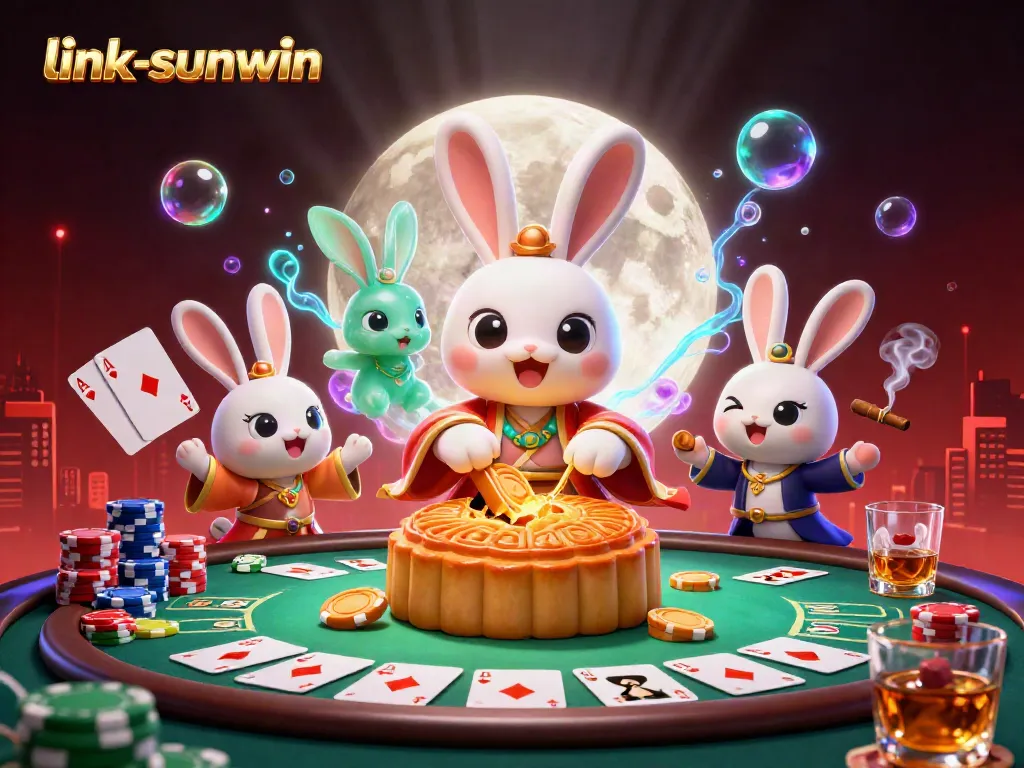 Engage in gaming excitement with link-sunwin as the moon rabbit creates luck with poker chips.