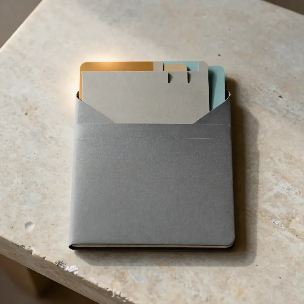 Slate shortlist pack with tabs and a reply card on pale stone, softly lit
