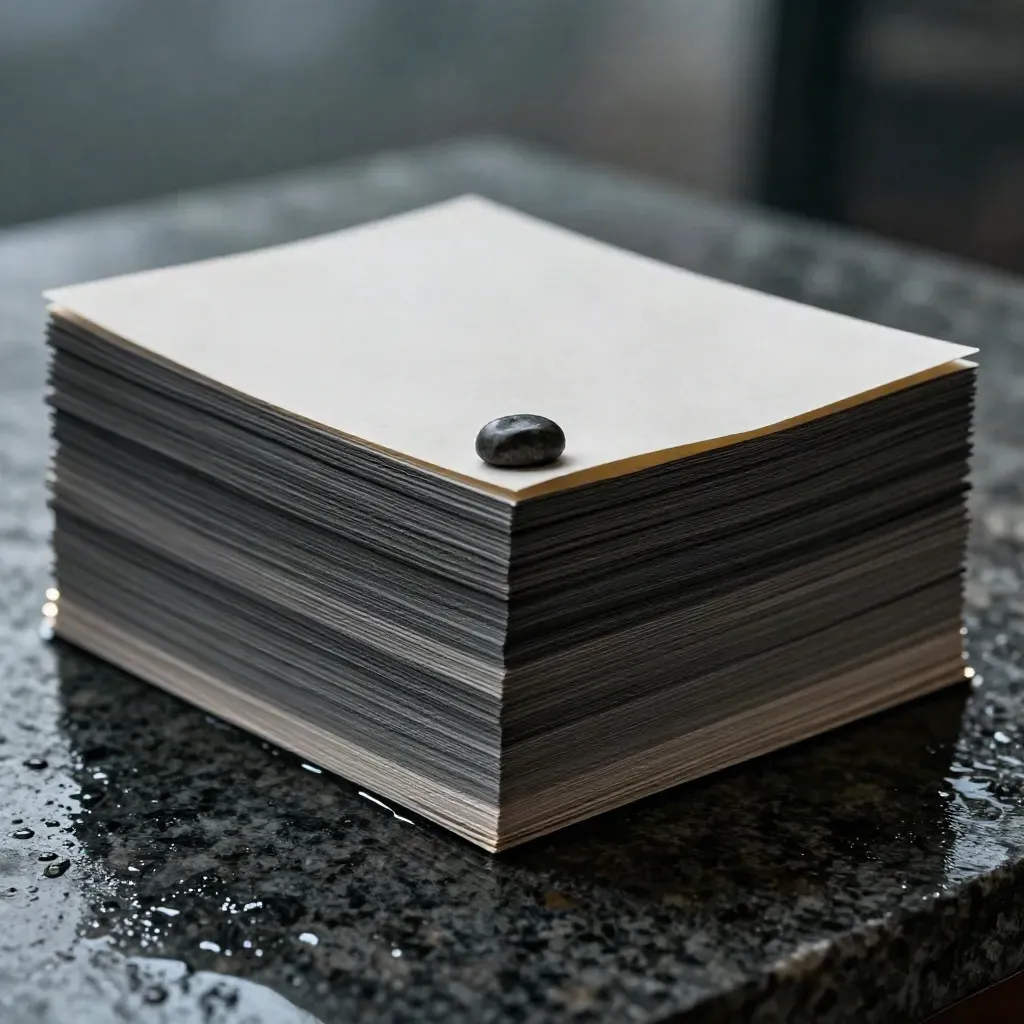 Charcoal report stack on wet stone with a paperweight and soft reflections