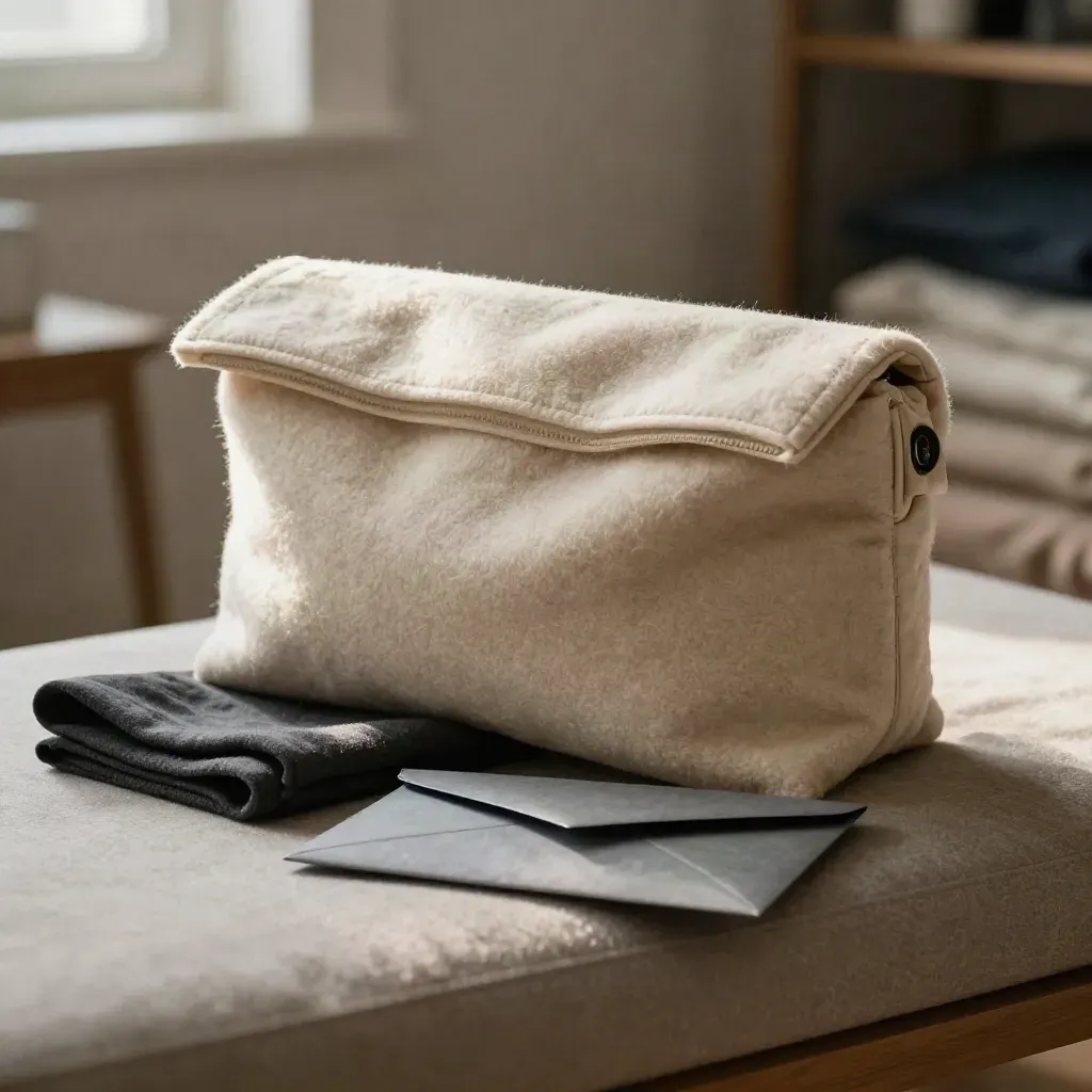 Cream tender support pack nestled in oatmeal wool beside a folded cloth and matte envelope.