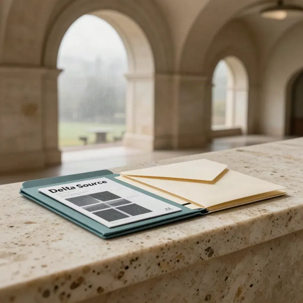 Sourcing review kit on travertine ledge with cards, folder, envelope and sample strip in soft rain light.
