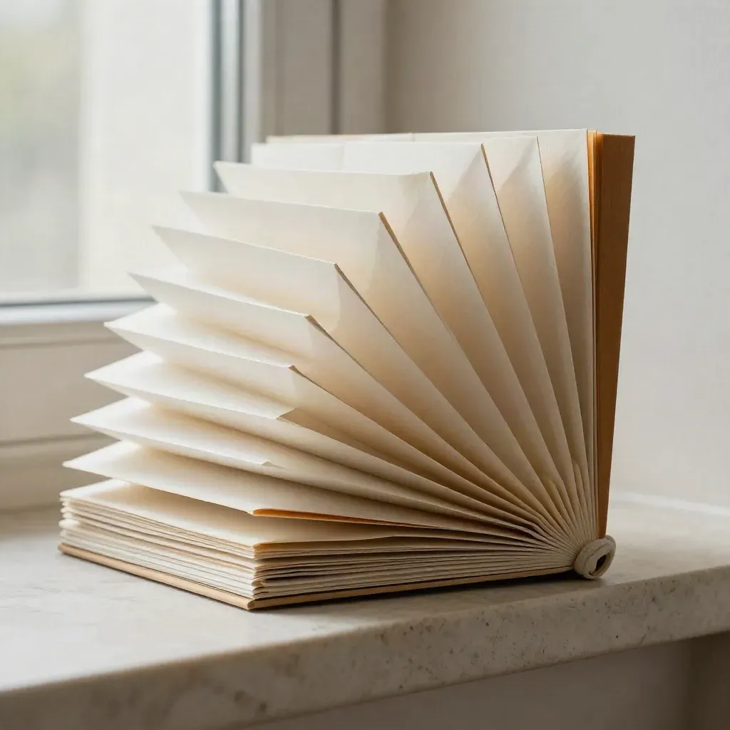 Off-white tabbed folio mid-fan with kraft wrap and cloth tie against pale plaster.