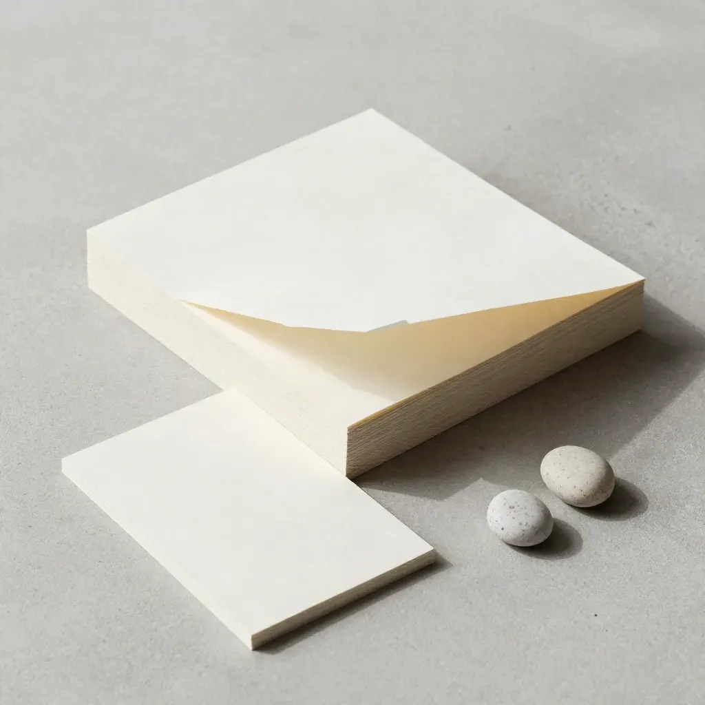 Ivory procurement bundle with note stack, blank sleeve and stone weights on pale concrete.