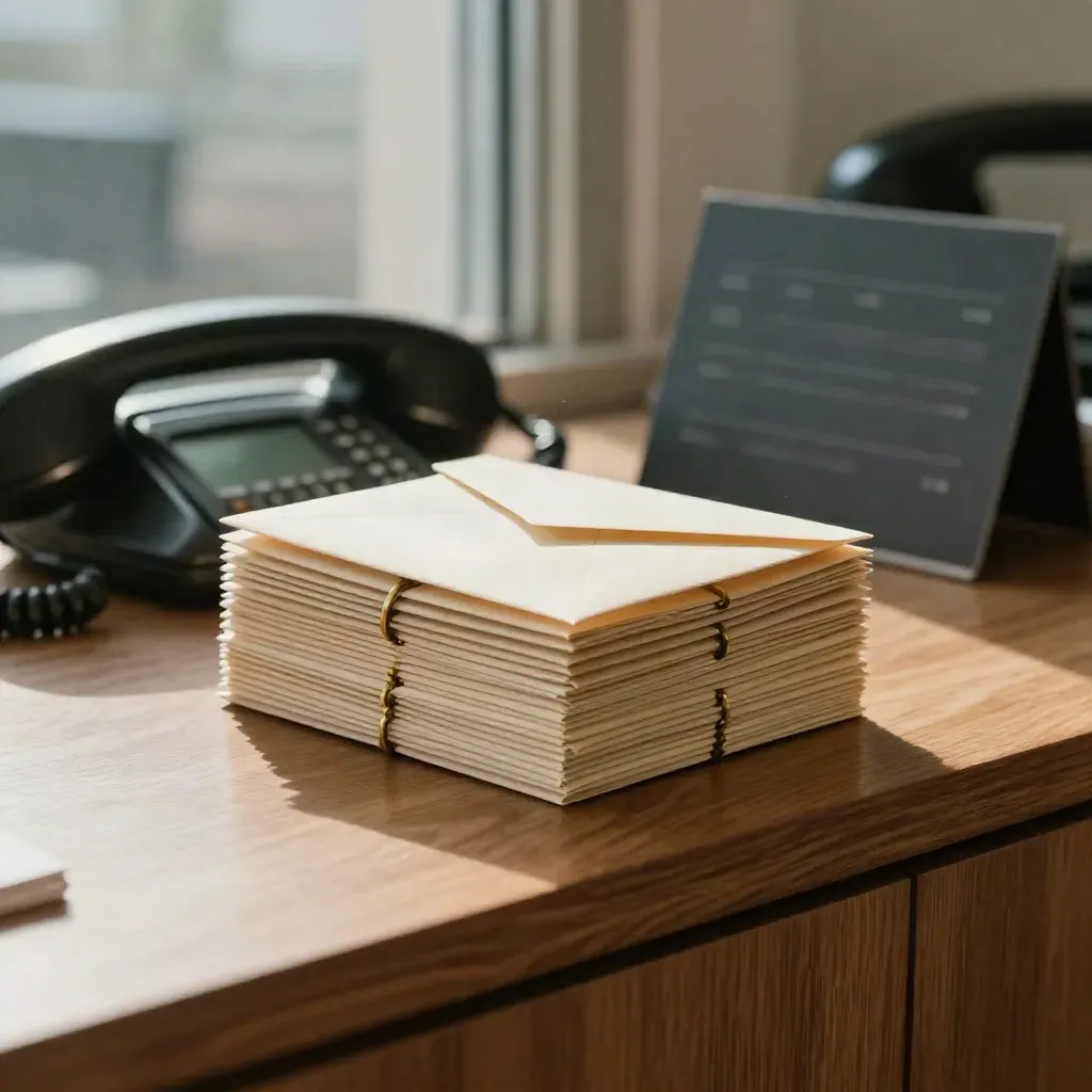 Cream card sleeves with brass ring beside a dark phone handset on an oak credenza.