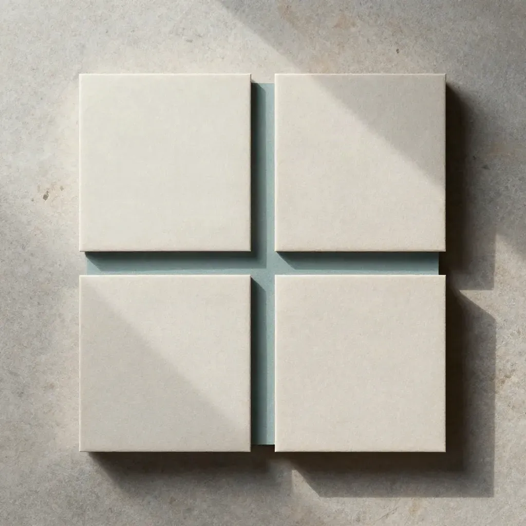 Top-down flatlay of a pale stone procurement kit with teal divider strip on limestone.