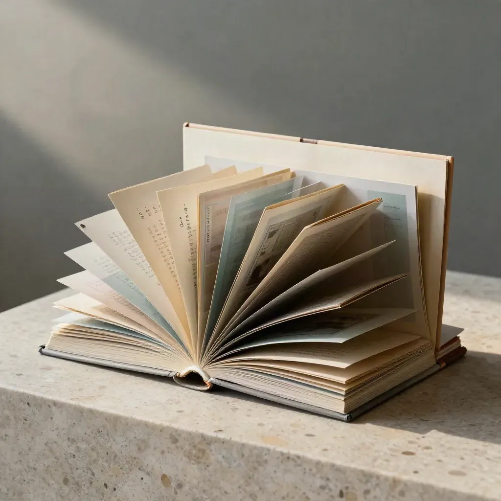 Pale folio pack fanned on travertine with muted teal tabs and abstract route sheets.