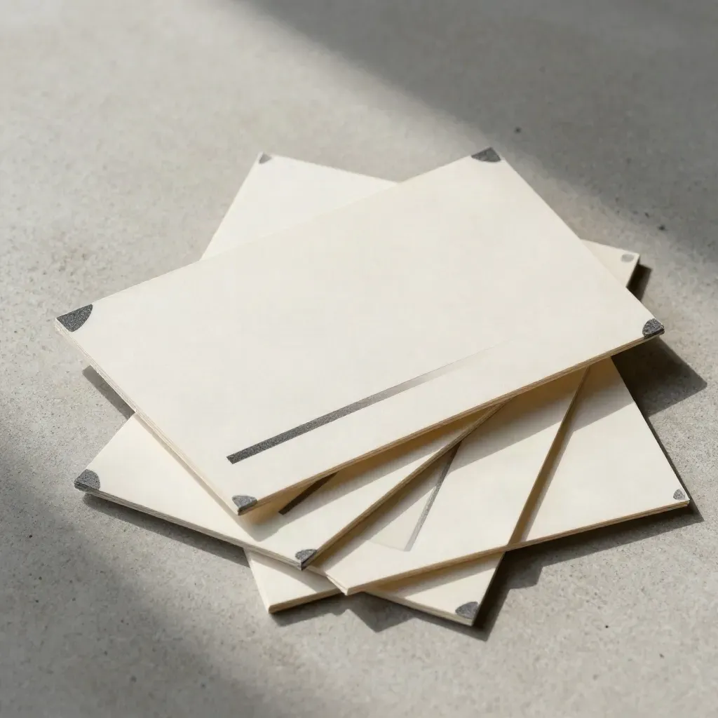 Overhead stack of three neutral bid cards and comparison strip on pale concrete