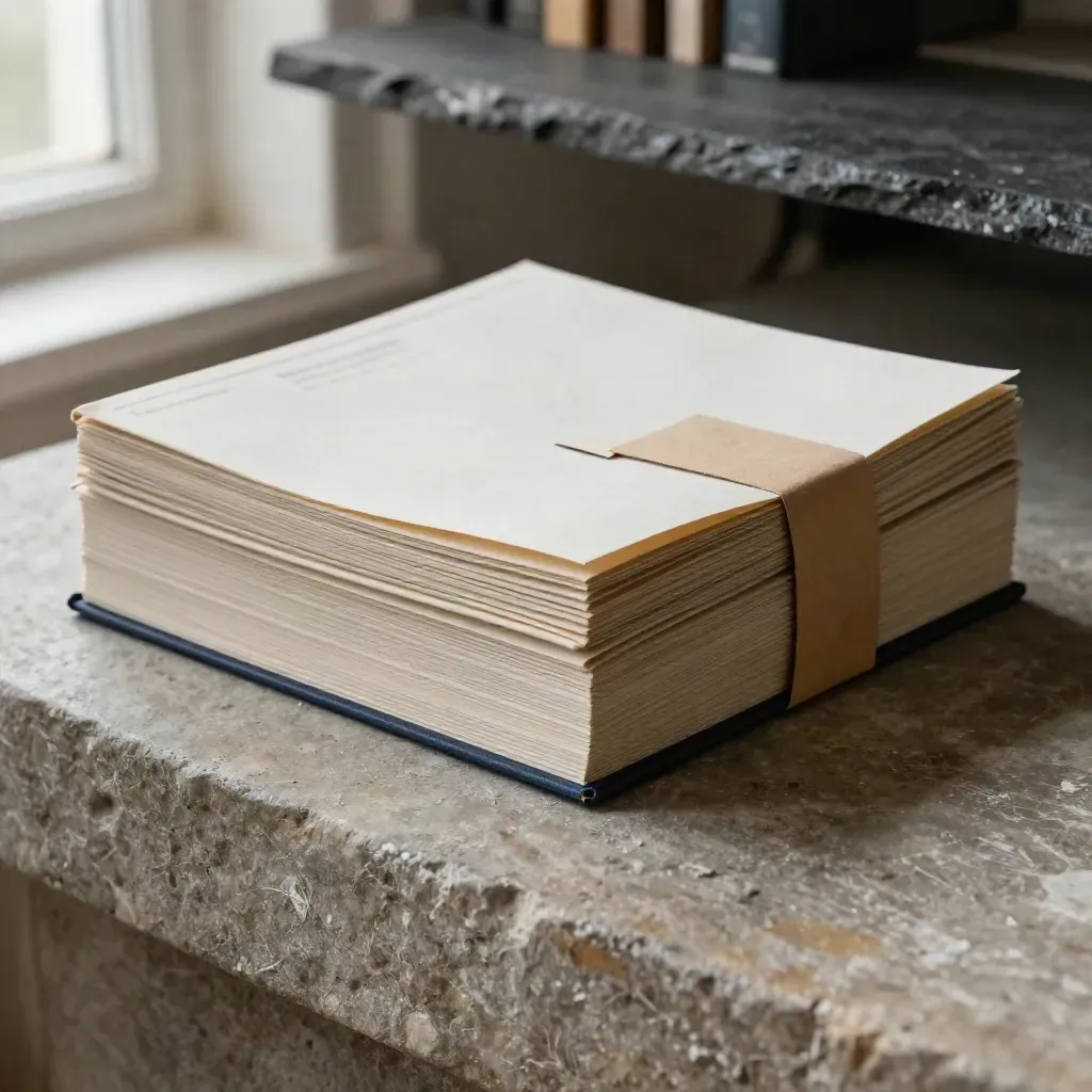 Macro of a vendor directory pack with navy tabs and kraft wrap on a rough plaster block