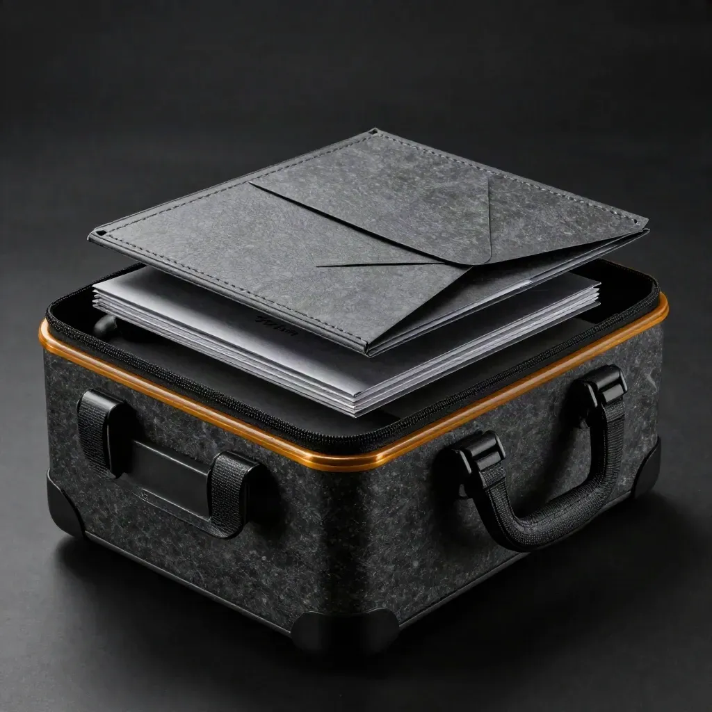 Dark risk pack with amber markers, sealed sleeve and lifted layer in dramatic studio light