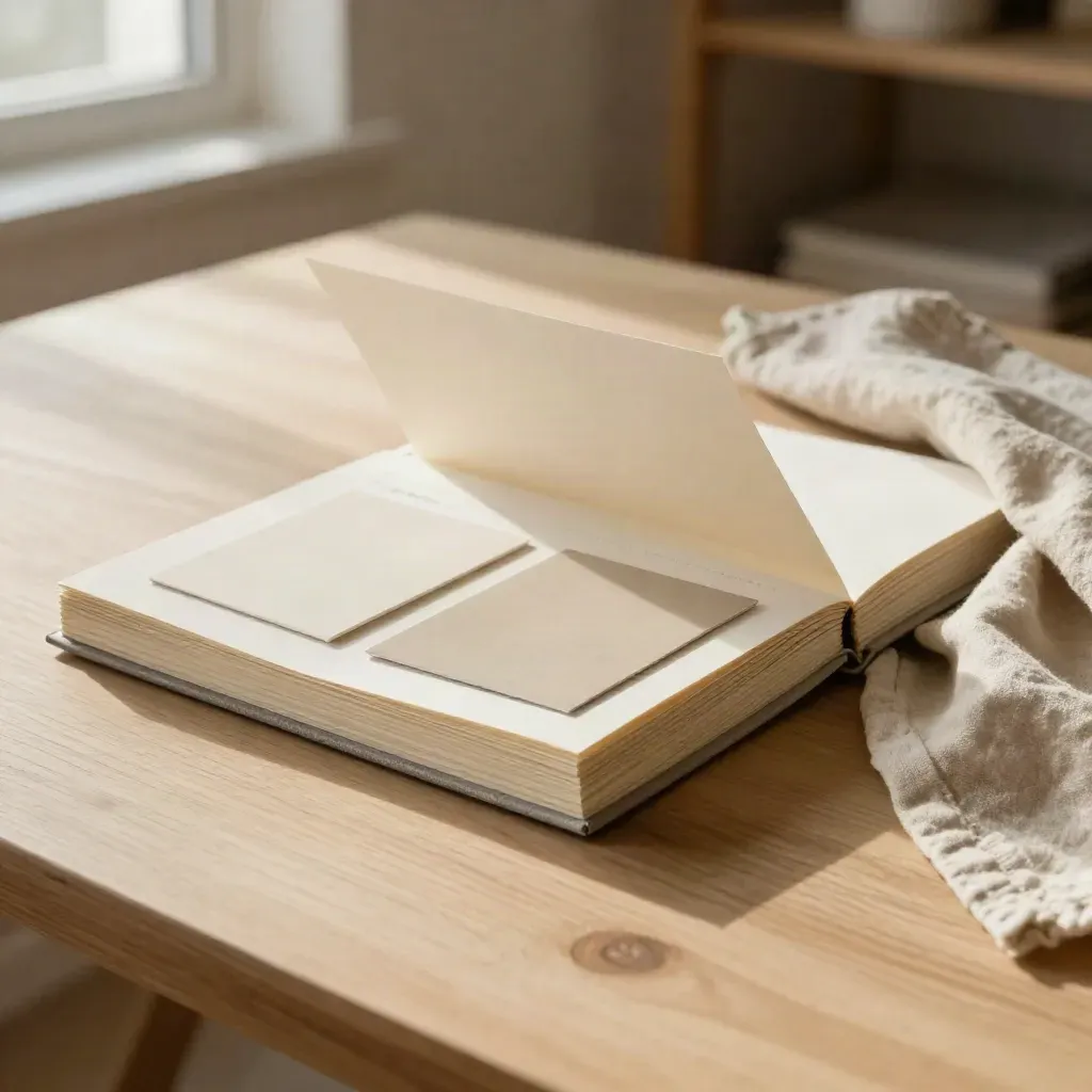 Cream sourcing folio, swatch cards and linen cloth on pale oak in soft daylight