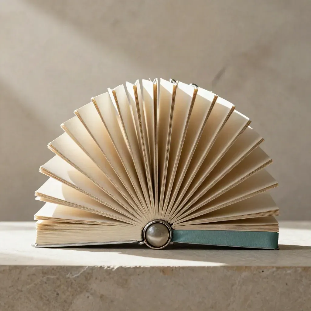 Ring-bound annual spend scan bundle with fanned dividers and a stone paperweight on pale plaster.