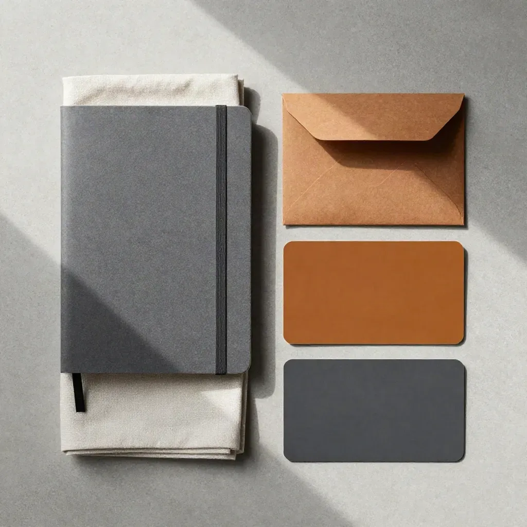 Overhead flatlay of a new-hire brief pack with notebook, cloth, envelope and tabbed cards on concrete.