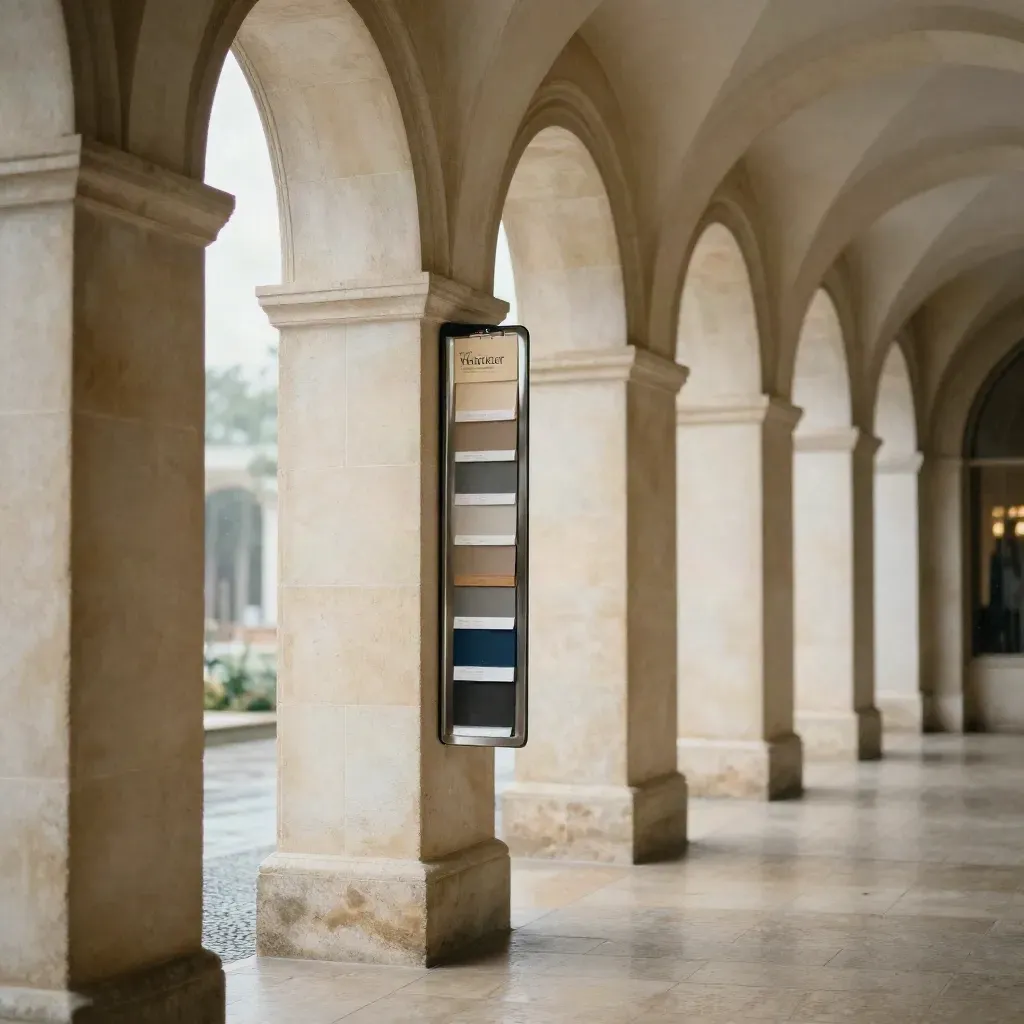 Sunlit limestone arcade with pale floor and quiet vendor samples in post-rain haze.
