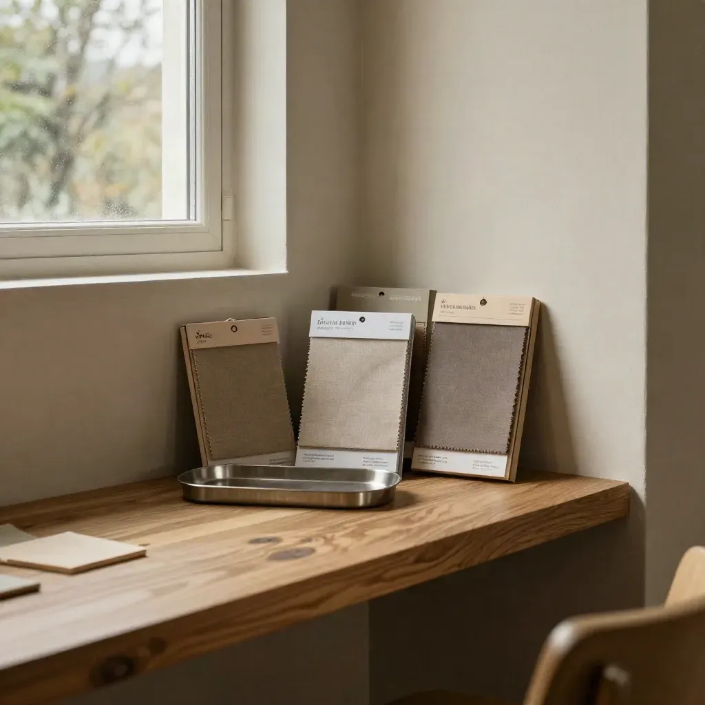 Oak-and-plaster interior with vendor samples, soft daylight, and calm copy space.