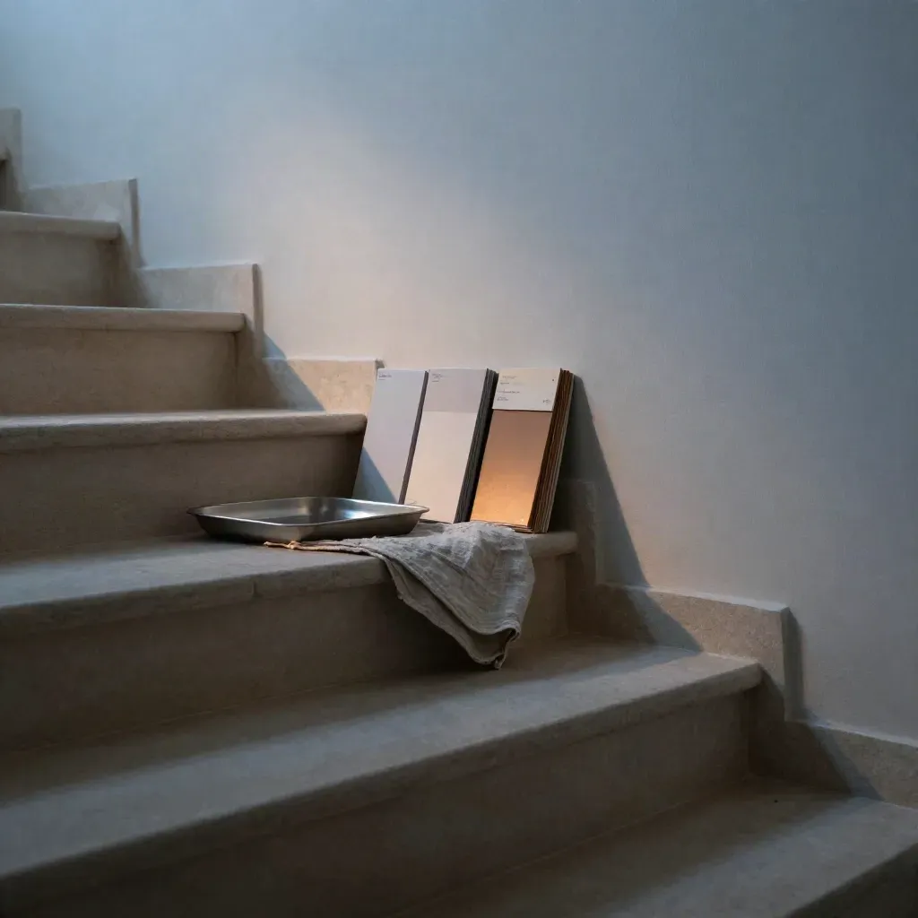 Blue-hour plaster stair landing with sample boxes, swatches and linen on a calm neutral background.
