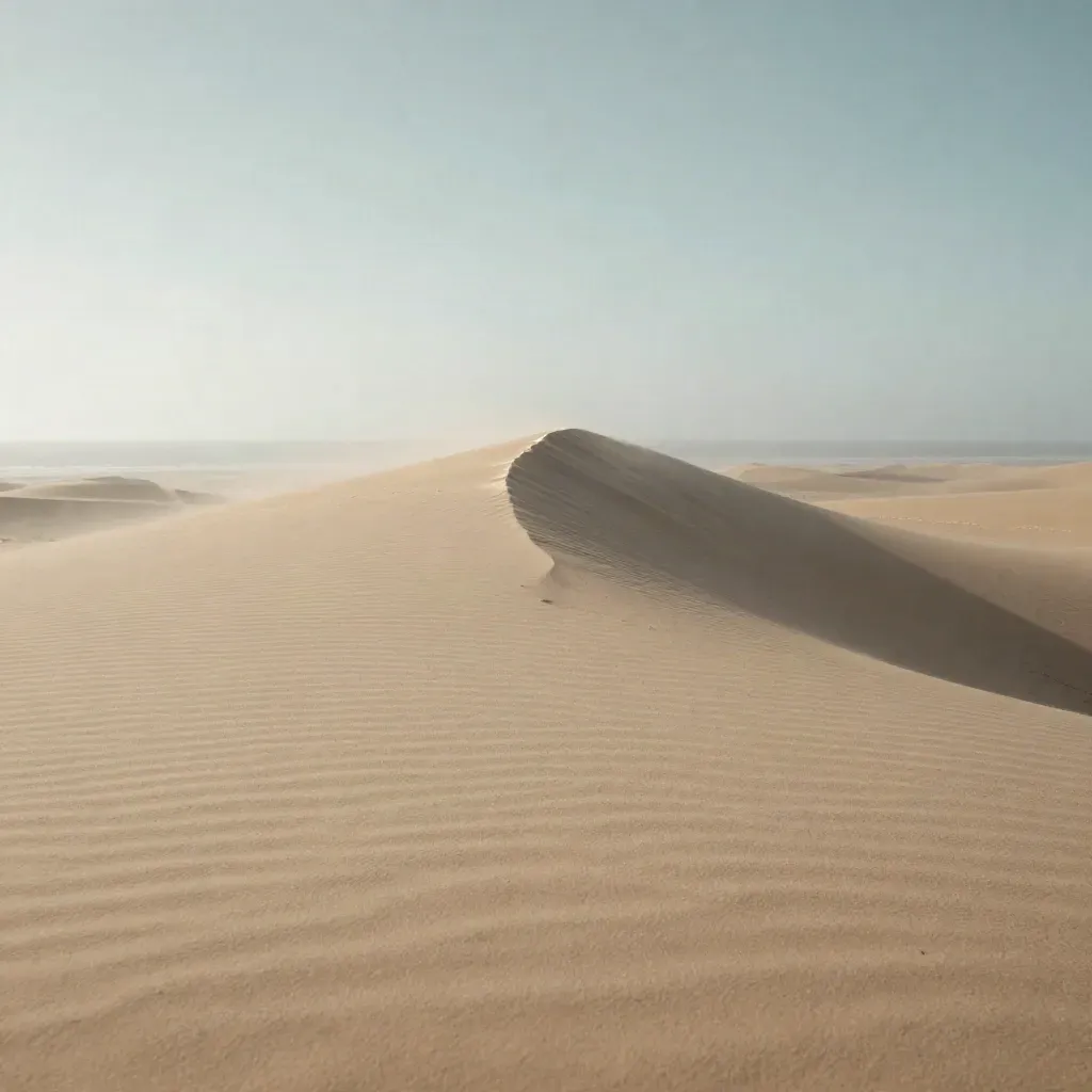 Wind-combed sand ridge over pale sea mist, gold light on the crest, calm open space below.