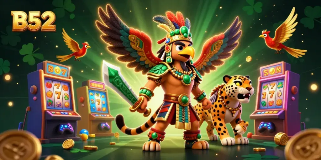 Engage in thrilling gameplay with B52, featuring an Aztec warrior amidst vibrant slot machines.