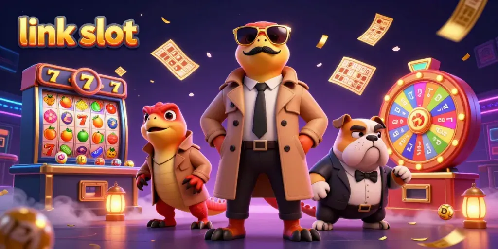 Engaging illustration of link slot gaming with raptors in disguise at a casino entrance.