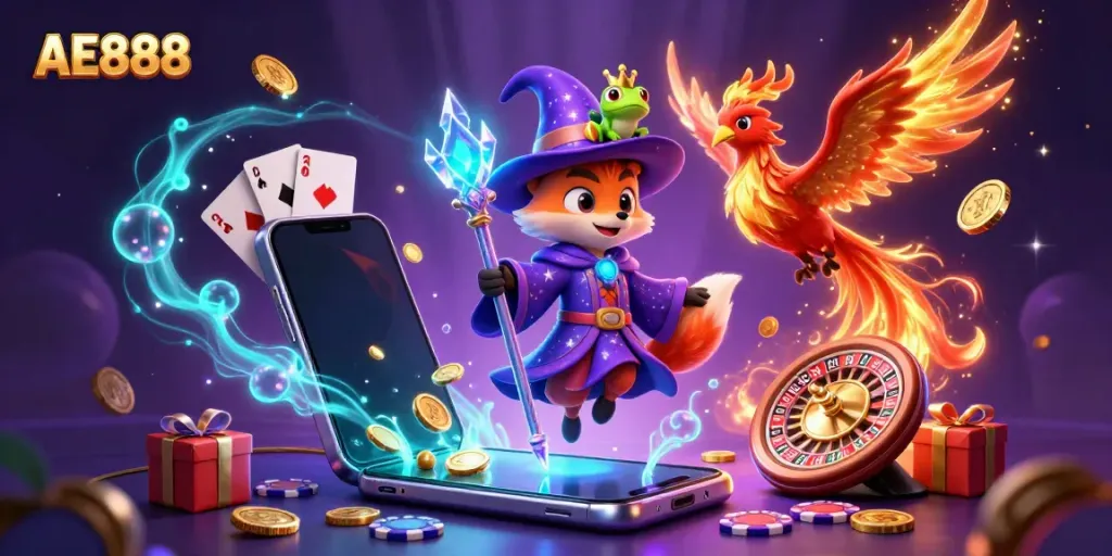Win big at AE888 with a dynamic 3D illustration showcasing vibrant casino games and magical elements.