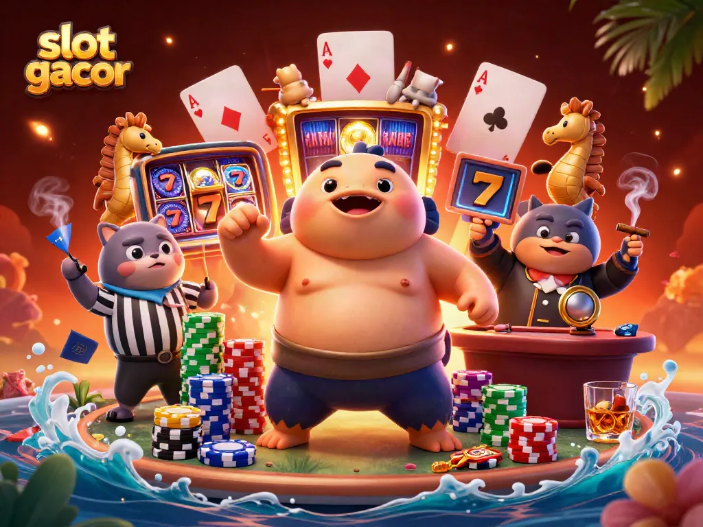 Experience exciting slot gacor games with vibrant visuals of a cheerful fugu and casino elements.
