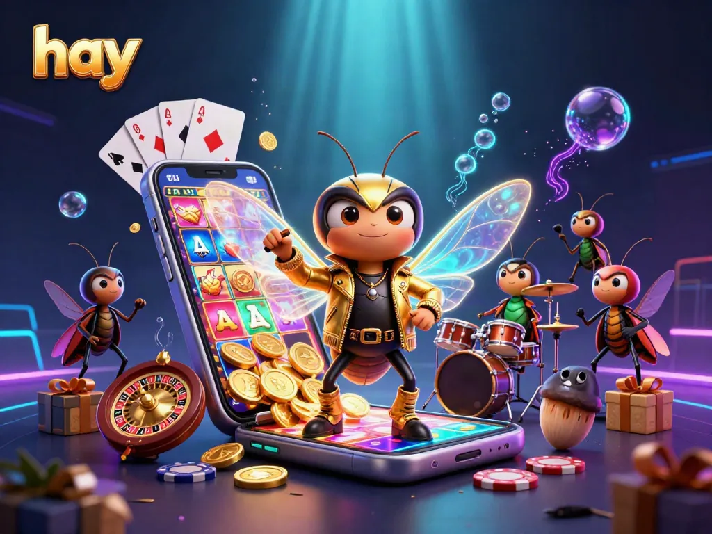 Experience thrilling slot action with hay as cicada rock star band plays amidst dazzling casino elements.