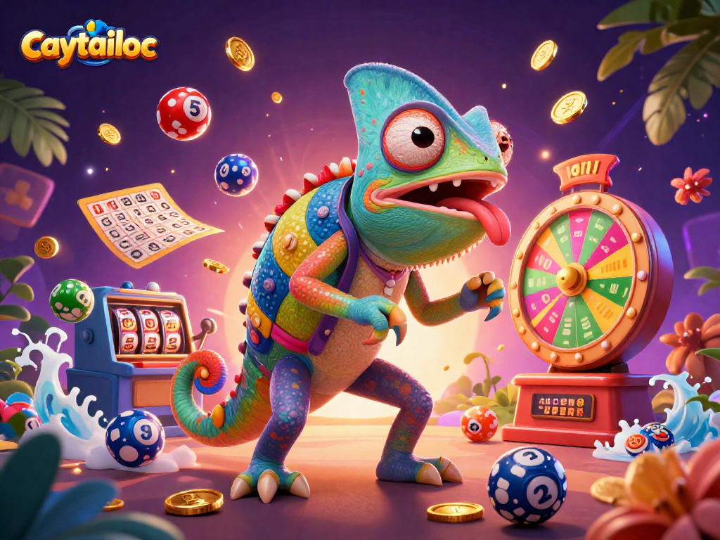 Win big with the caytailoc slot game, featuring colorful elements and engaging dynamics around a lively chameleon character.