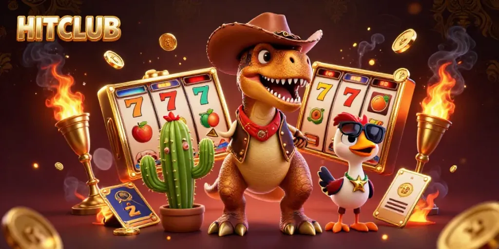 Experience HITCLUB's thrilling slots with a dynamic 3D illustration featuring a cowboy dinosaur and casino elements.