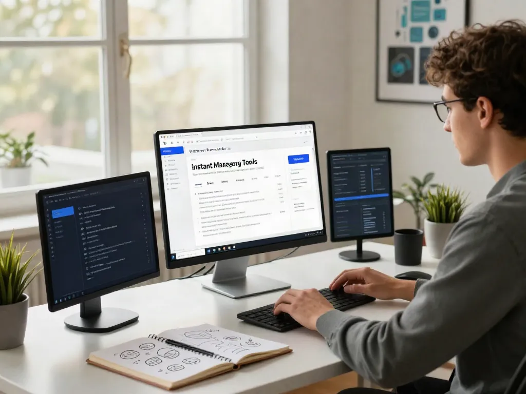 Tech-savvy professional in a modern workspace focusing on instant indexing tools with a computer and smartphone.