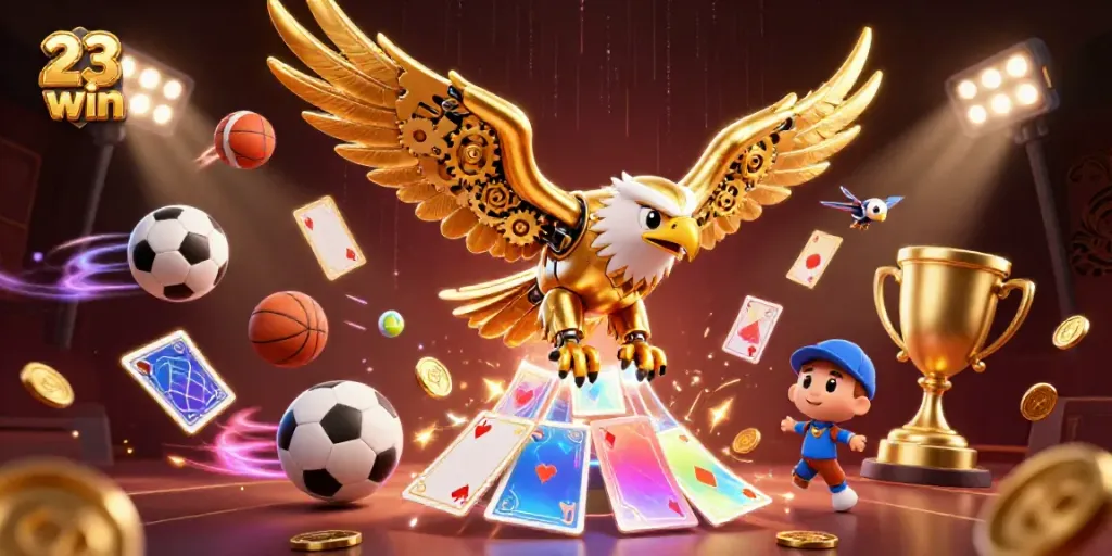 Engage with thrilling action in 23 win, featuring a golden eagle soaring through holographic playing cards.