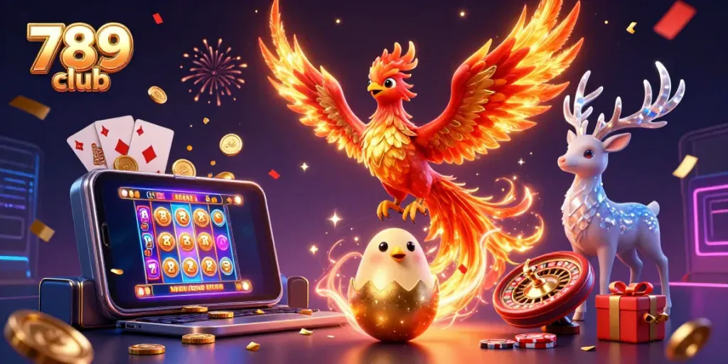 Engage in thrilling gaming with 789 club featuring a vibrant phoenix, golden coins, and dynamic slot game action.