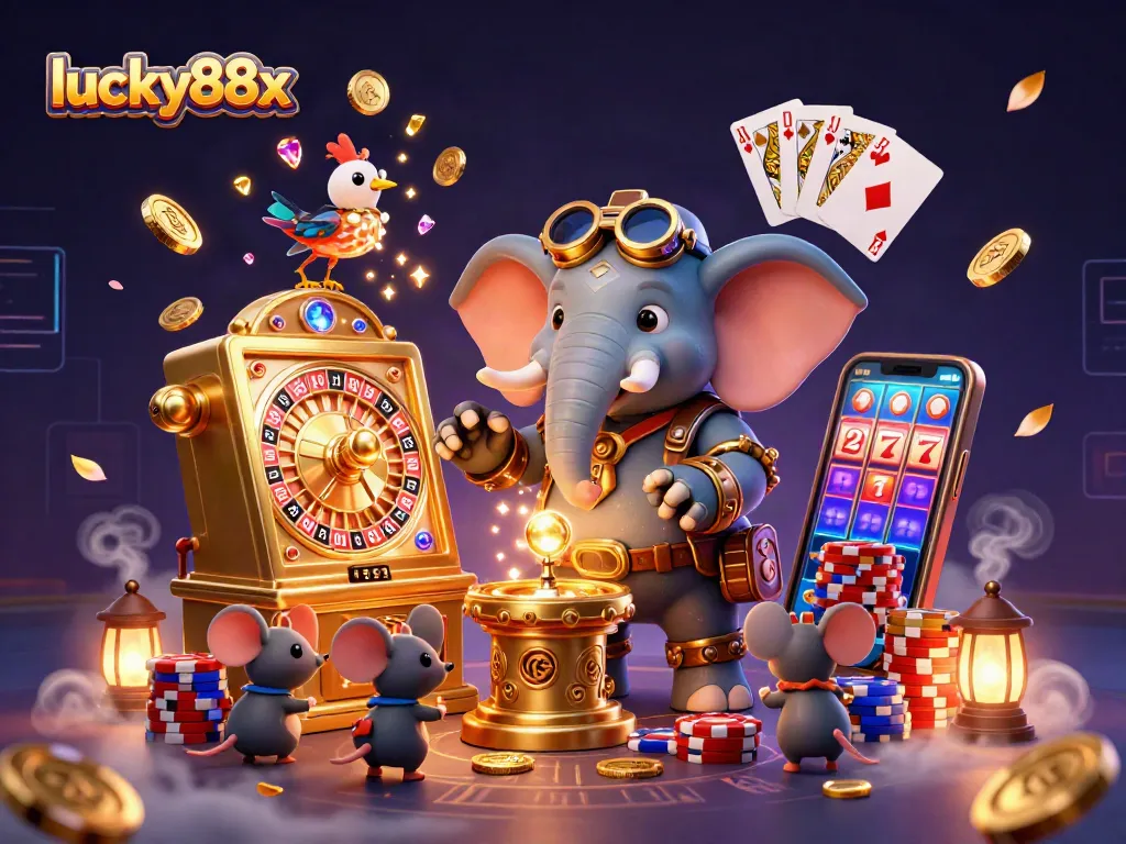 Spin the golden slot machine at lucky88x with a steampunk elephant engineer amidst vibrant casino elements.
