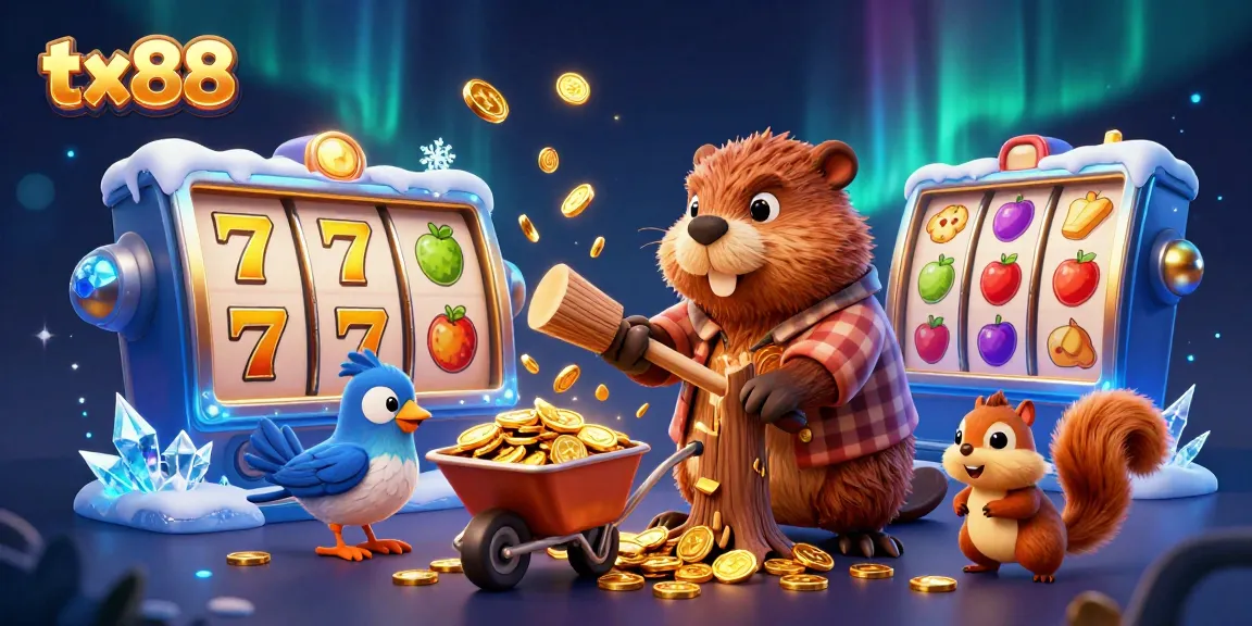 tx88 showcases a vibrant scene of a lumberjack beaver and friends celebrating golden wins in slots.