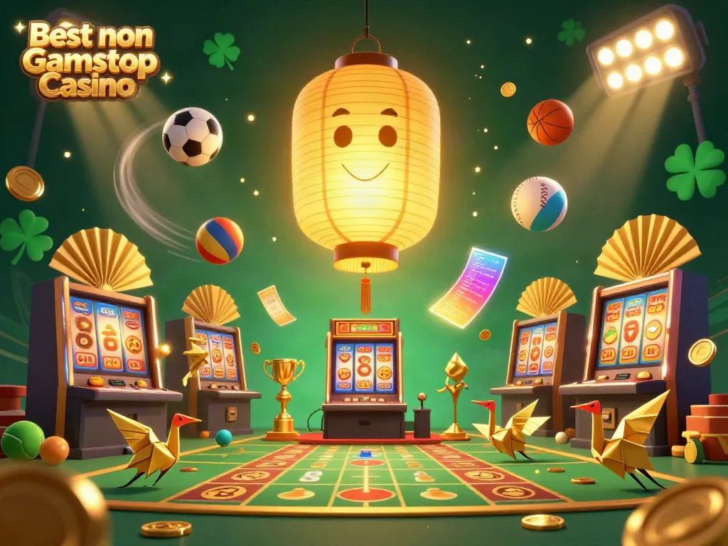 Experience the excitement of the Best non Gamstop Casino with our vibrant 3D illustration featuring dynamic gambling elements and lucky symbols.